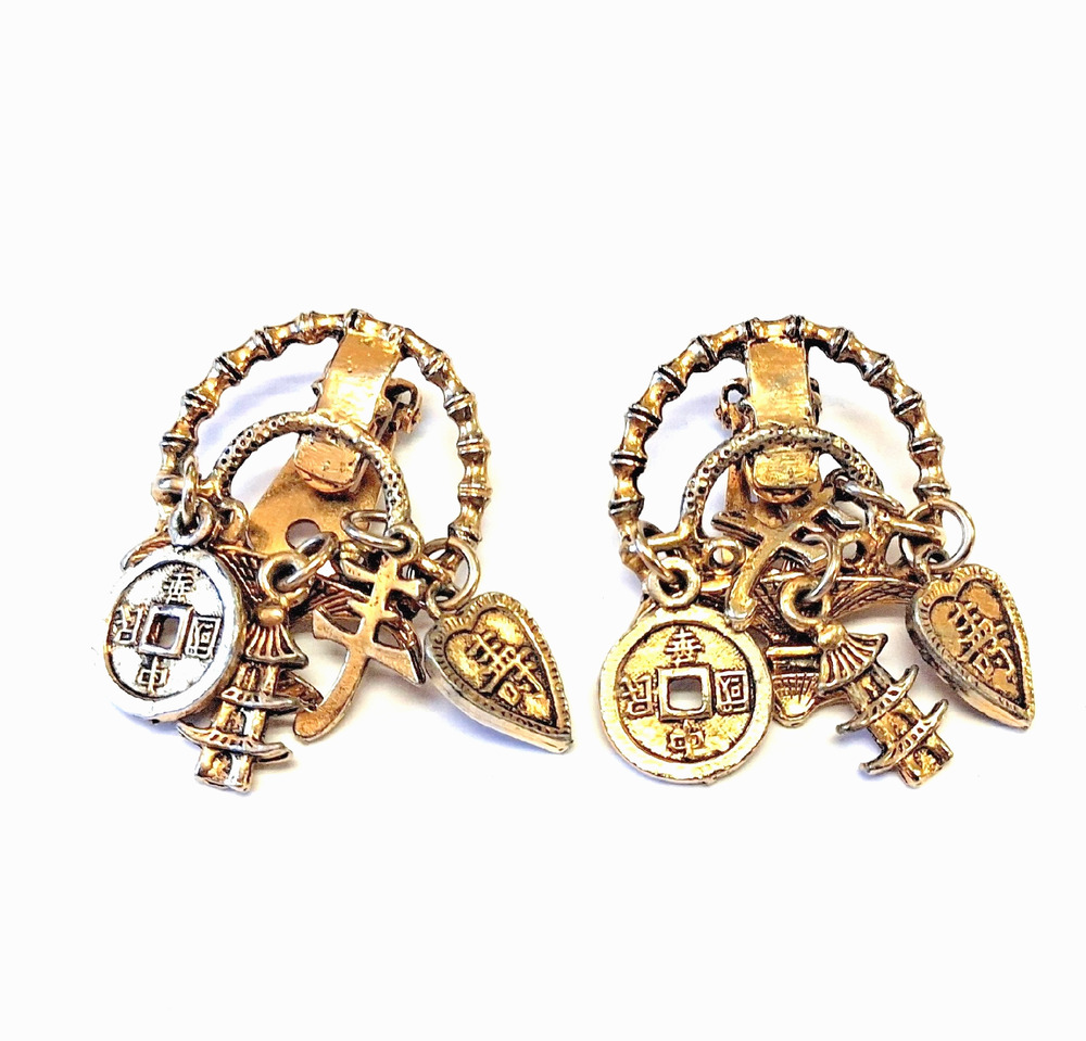 Vtg Unsigned ART Arthur Pepper Asian Style Gold Tone Dangle Clip Earrings